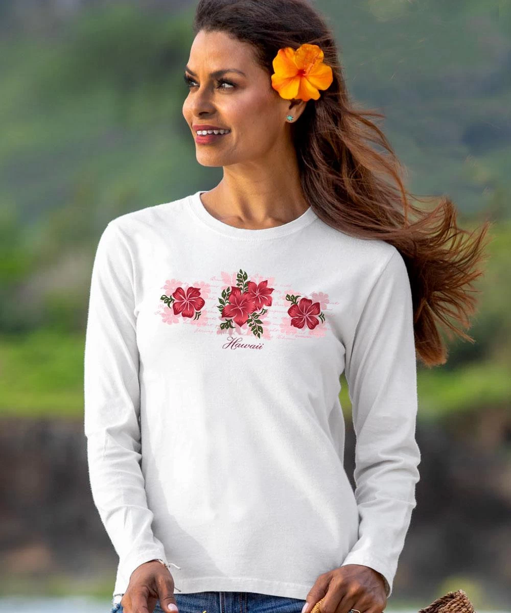 Beautiful Hibiscus - White Long Sleeve Crewneck T-Shirt 3 Beautiful Hibiscus - White Long Sleeve Crewneck T-Shirt