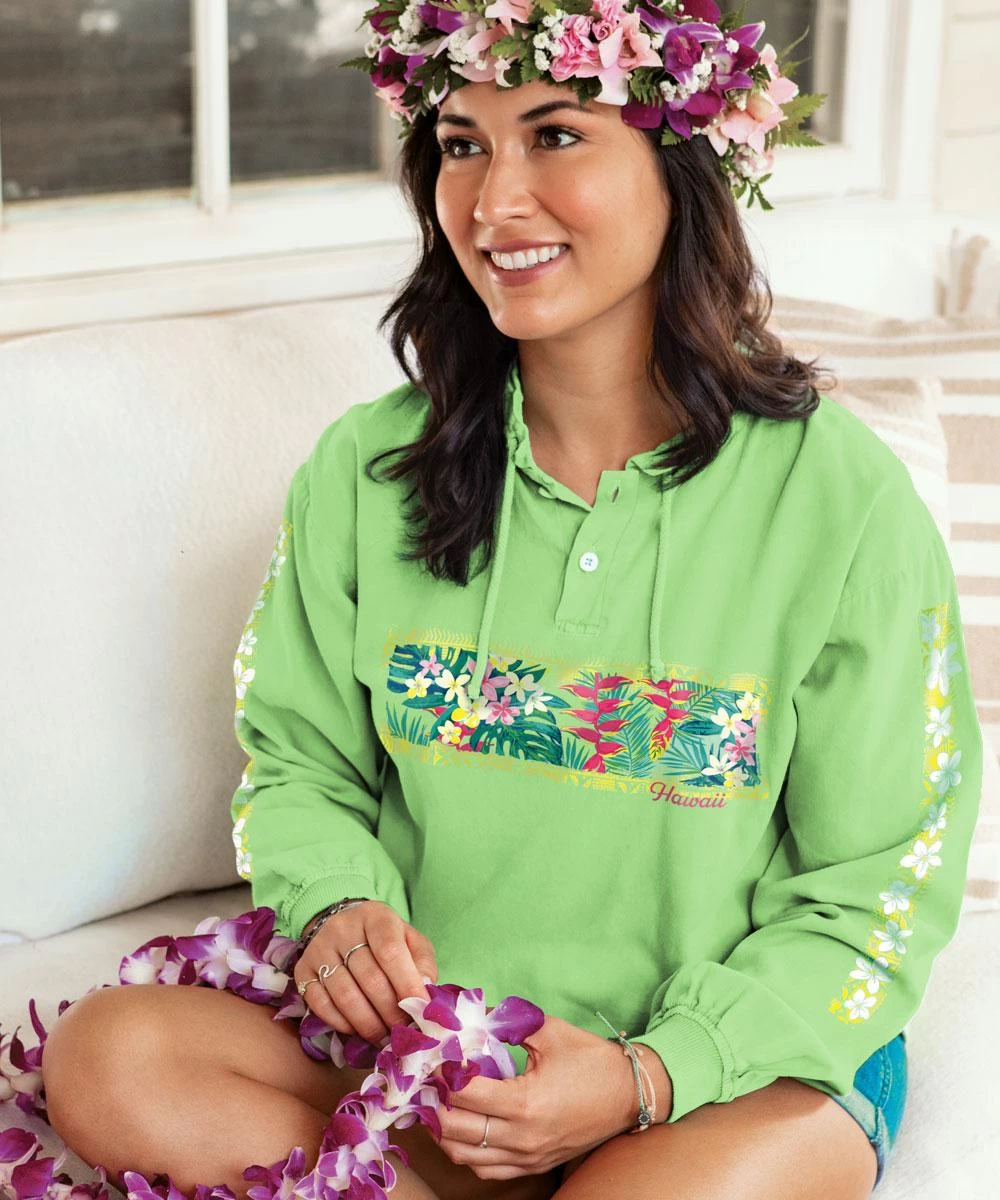 Tranquil Floral - Key Lime Dyed Long Sleeve Lightweight Pullover 3 Tranquil Floral - Key Lime Dyed Long Sleeve Lightweight Pullover