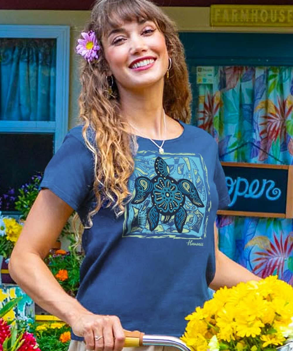 Floral Turtle - Blueberry Dyed Short Sleeve Scoop Neck T-Shirt 3 Floral Turtle - Blueberry Dyed Short Sleeve Scoop Neck T-Shirt