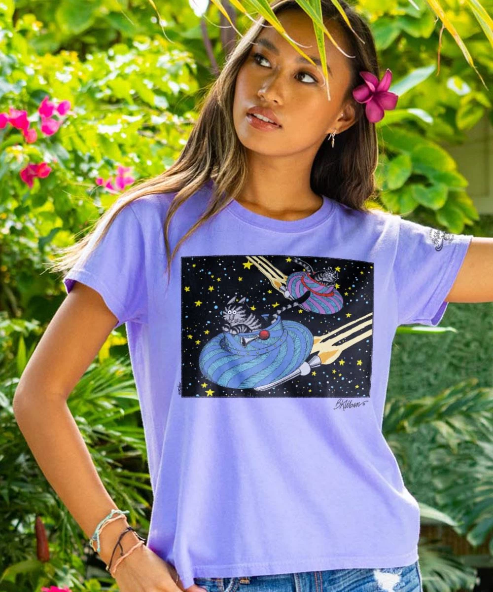 B. Kliban Spaceship Cats - Lavender Dyed Short Sleeve Crewneck T-Shirt 3 B. Kliban Spaceship Cats - Lavender Dyed Short Sleeve Crewneck T-Shirt
