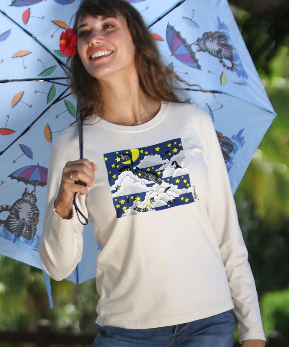 B. Kliban Cats In Clouds - Coconut Dyed Long Sleeve Crewneck T-Shirt 3 B. Kliban Cats In Clouds - Coconut Dyed Long Sleeve Crewneck T-Shirt