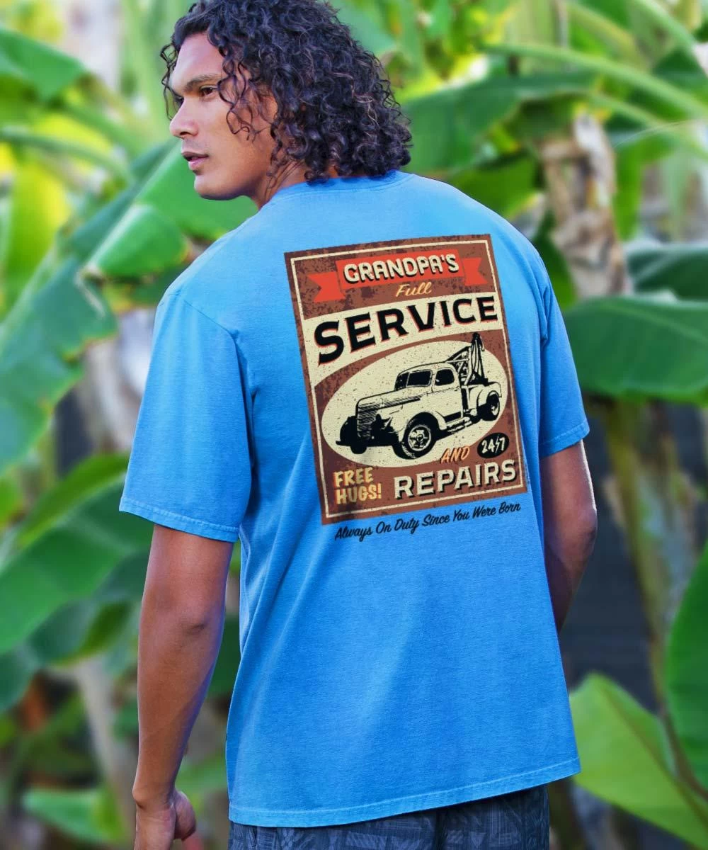 Grandpa Service And Repairs - Blue Hawaii Dyed Short Sleeve Crewneck T-Shirt 3 Grandpa Service And Repairs - Blue Hawaii Dyed Short Sleeve Crewneck T-Shirt
