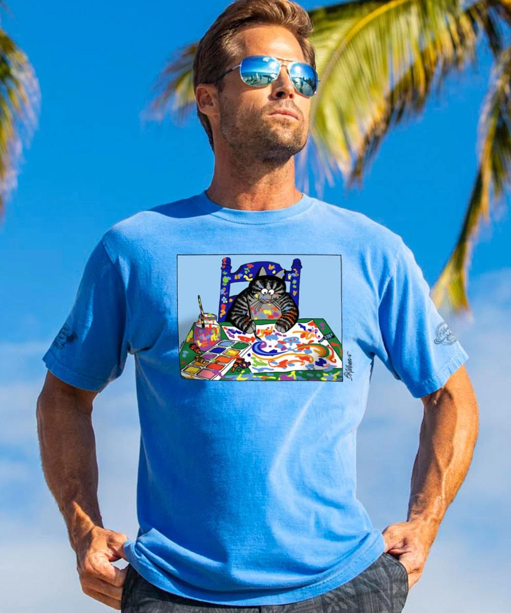 B. Kliban Artist Cat - Blue Hawaii Dyed Short Sleeve Crewneck T-Shirt 3 B. Kliban Artist Cat - Blue Hawaii Dyed Short Sleeve Crewneck T-Shirt