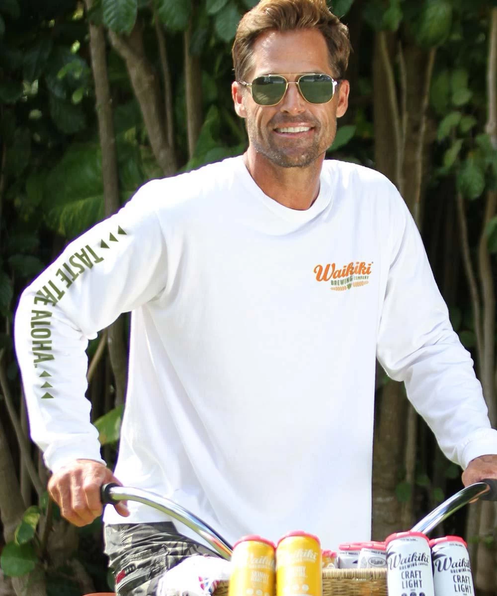 Waikiki Brewing Co Logo Taste The Aloha - White Long Sleeve Crewneck T-Shirt 4 Waikiki Brewing Co Logo Taste The Aloha - White Long Sleeve Crewneck T-Shirt - Image 2