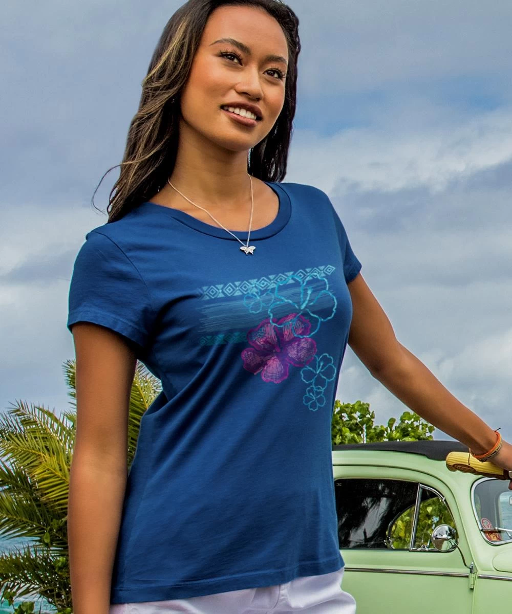 Cascading Hibiscus - Sapphire Short Sleeve Pima T-Shirt 3 Cascading Hibiscus - Sapphire Short Sleeve Pima T-Shirt