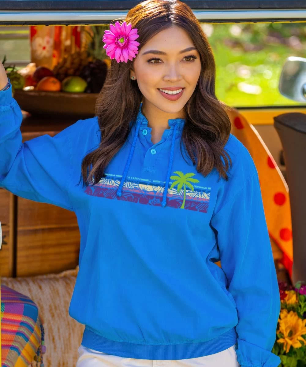 Retro Rainbow Hibiscus Band - Blue Hawaii Dyed Long Sleeve Lightweight Pullover 3 Retro Rainbow Hibiscus Band - Blue Hawaii Dyed Long Sleeve Lightweight Pullover