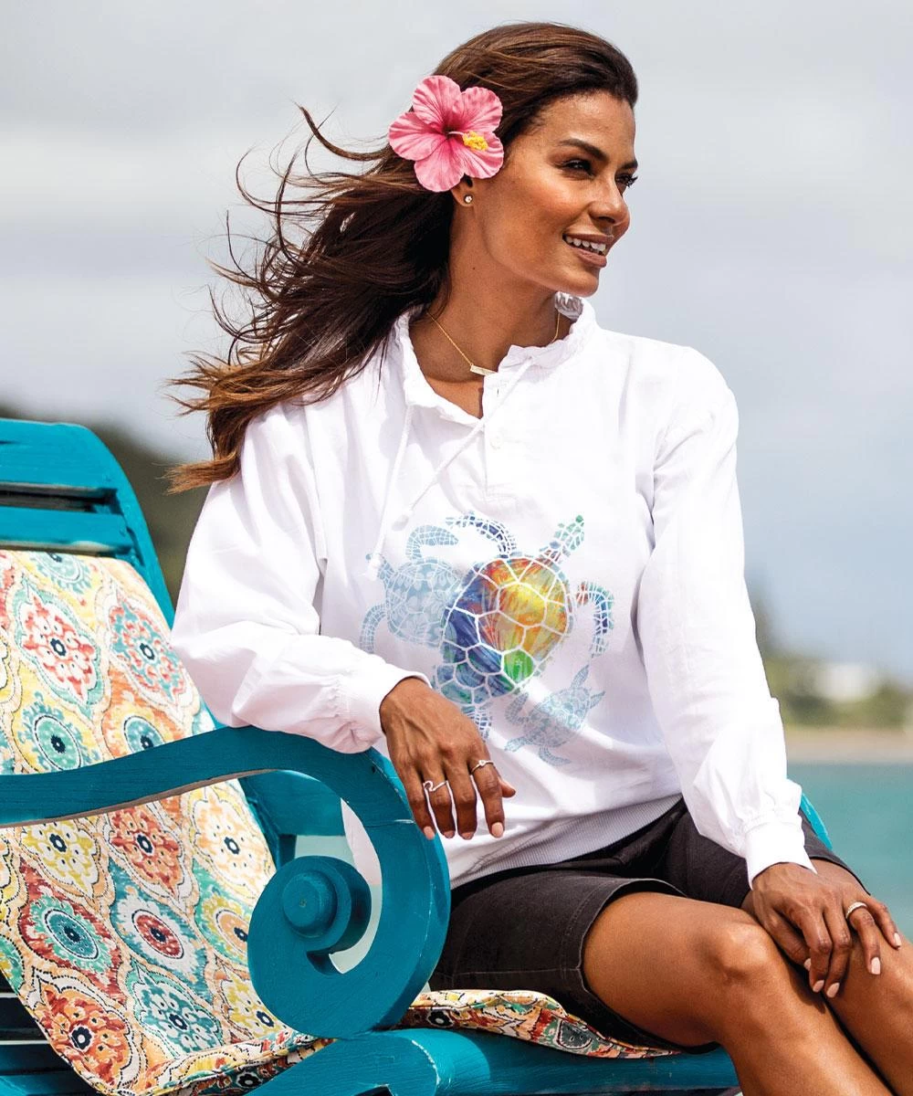 Turtle Seascape - White Long Sleeve Lightweight Pullover 3 Turtle Seascape - White Long Sleeve Lightweight Pullover