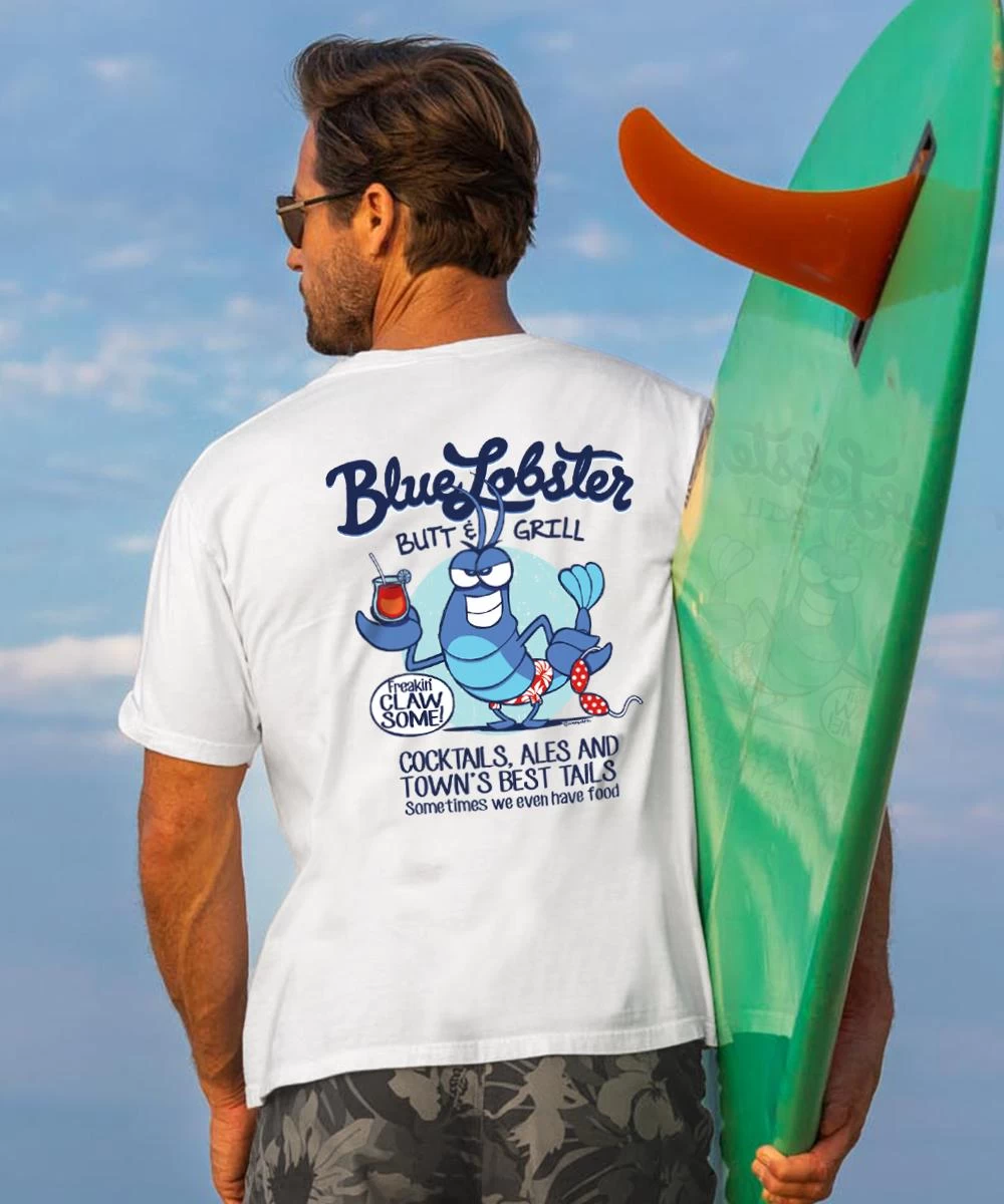 Blue Lobster - White Short Sleeve Crewneck T-Shirt 3 Blue Lobster - White Short Sleeve Crewneck T-Shirt