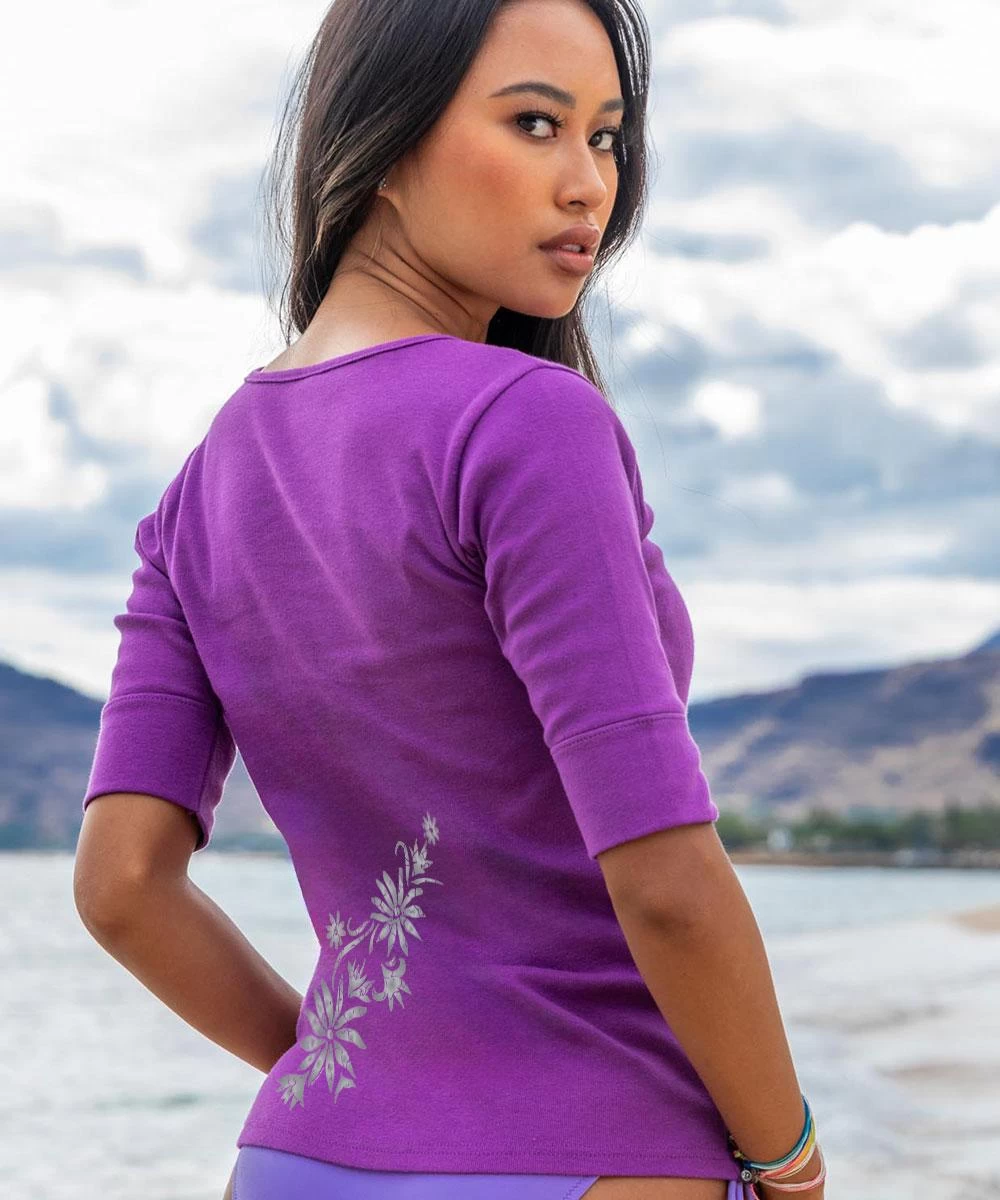Batik Flora - Violet Short Sleeve Banded Rib Knit T-Shirt 4 Batik Flora - Violet Short Sleeve Banded Rib Knit T-Shirt - Image 2