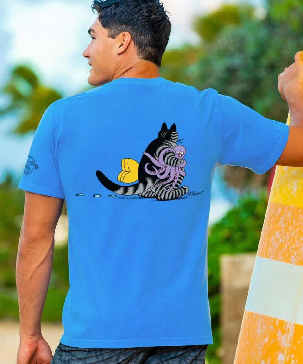 B. Kliban Beach Getaway Cat - Blue Hawaii Dyed Short Sleeve Crewneck T-Shirt 4 B. Kliban Beach Getaway Cat - Blue Hawaii Dyed Short Sleeve Crewneck T-Shirt - Image 2