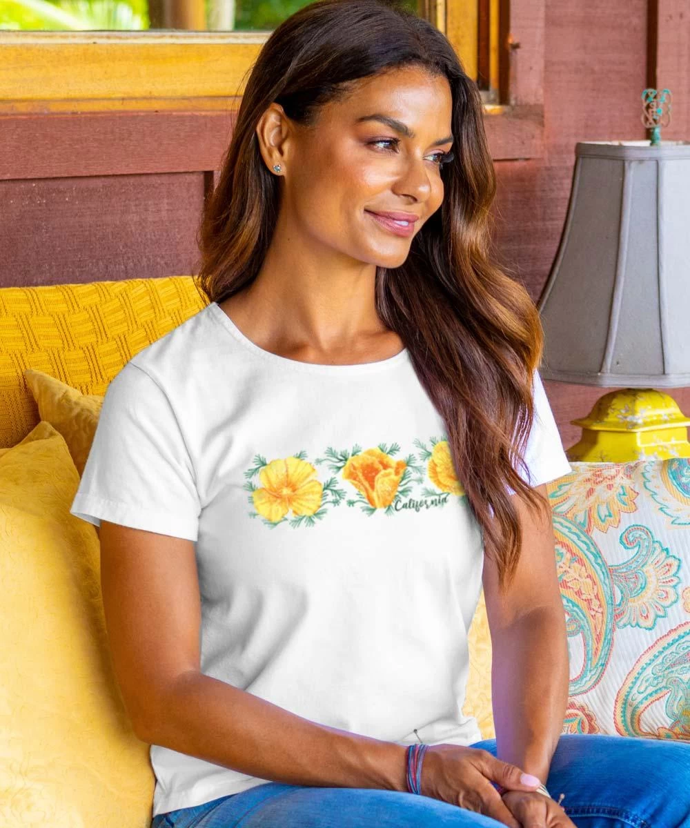 Cali Poppy - White Short Sleeve Scoop Neck T-Shirt 3 Cali Poppy - White Short Sleeve Scoop Neck T-Shirt