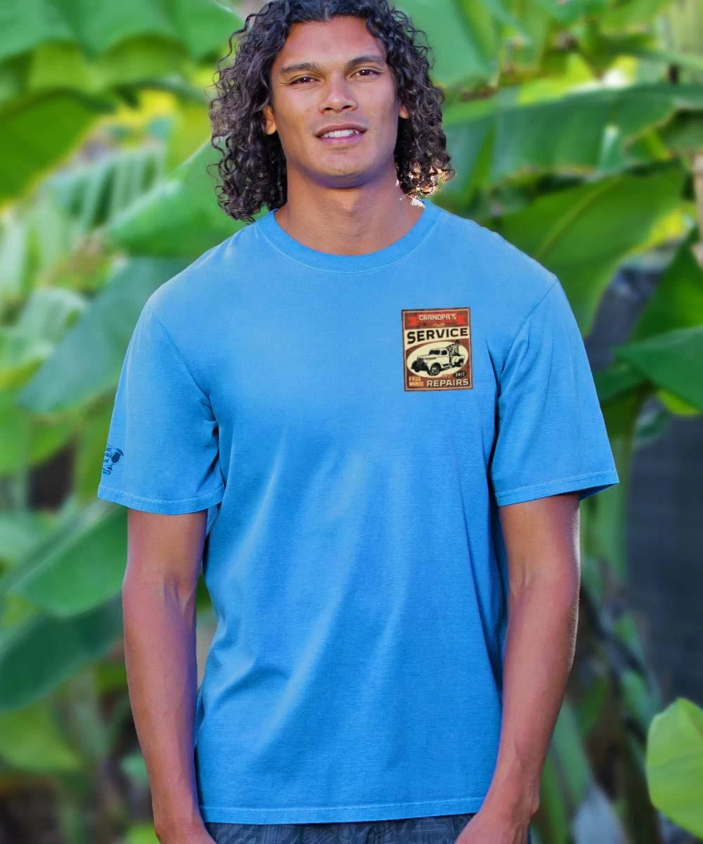 Grandpa Service And Repairs - Blue Hawaii Dyed Short Sleeve Crewneck T-Shirt 4 Grandpa Service And Repairs - Blue Hawaii Dyed Short Sleeve Crewneck T-Shirt - Image 2