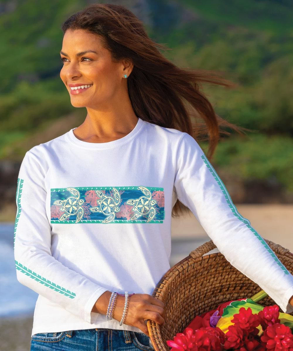 Honu Sealife Band - White Long Sleeve Crewneck T-Shirt 3 Honu Sealife Band - White Long Sleeve Crewneck T-Shirt