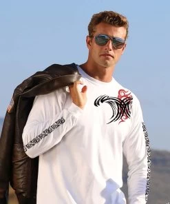 Red Tide Wave - White Long Sleeve Crewneck T-Shirt