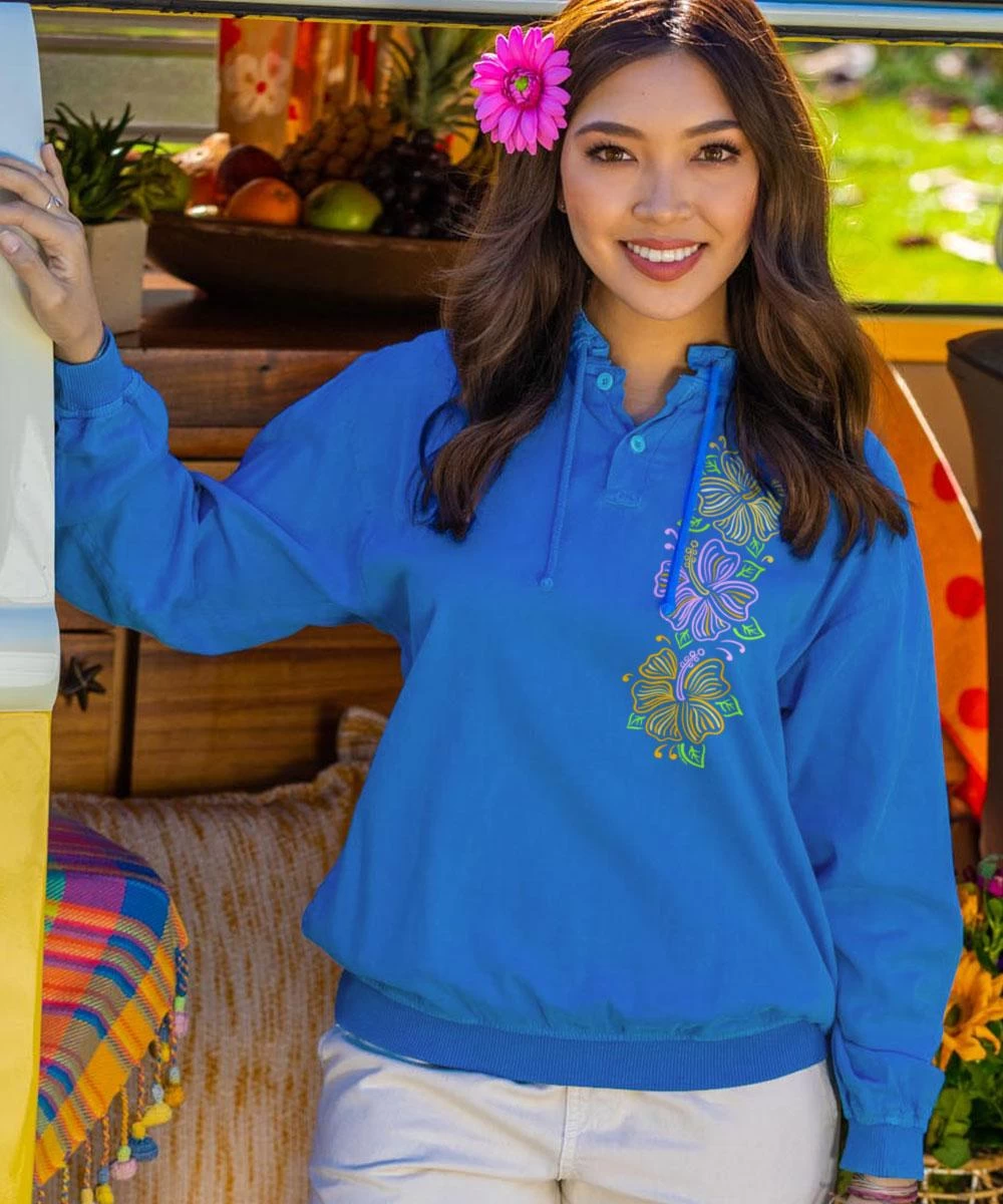 Vertical Hibiscus Flowers - Blue Hawaii Dyed Long Sleeve Lightweight Pullover 3 Vertical Hibiscus Flowers - Blue Hawaii Dyed Long Sleeve Lightweight Pullover