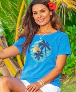 Sunset Palm Circle - Blue Hawaii Dyed Short Sleeve Scoop Neck T-Shirt