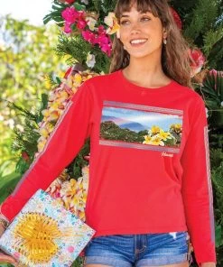 Kaena Point Plumeria - Candy Apple Red Dyed Long Sleeve Crewneck T-Shirt