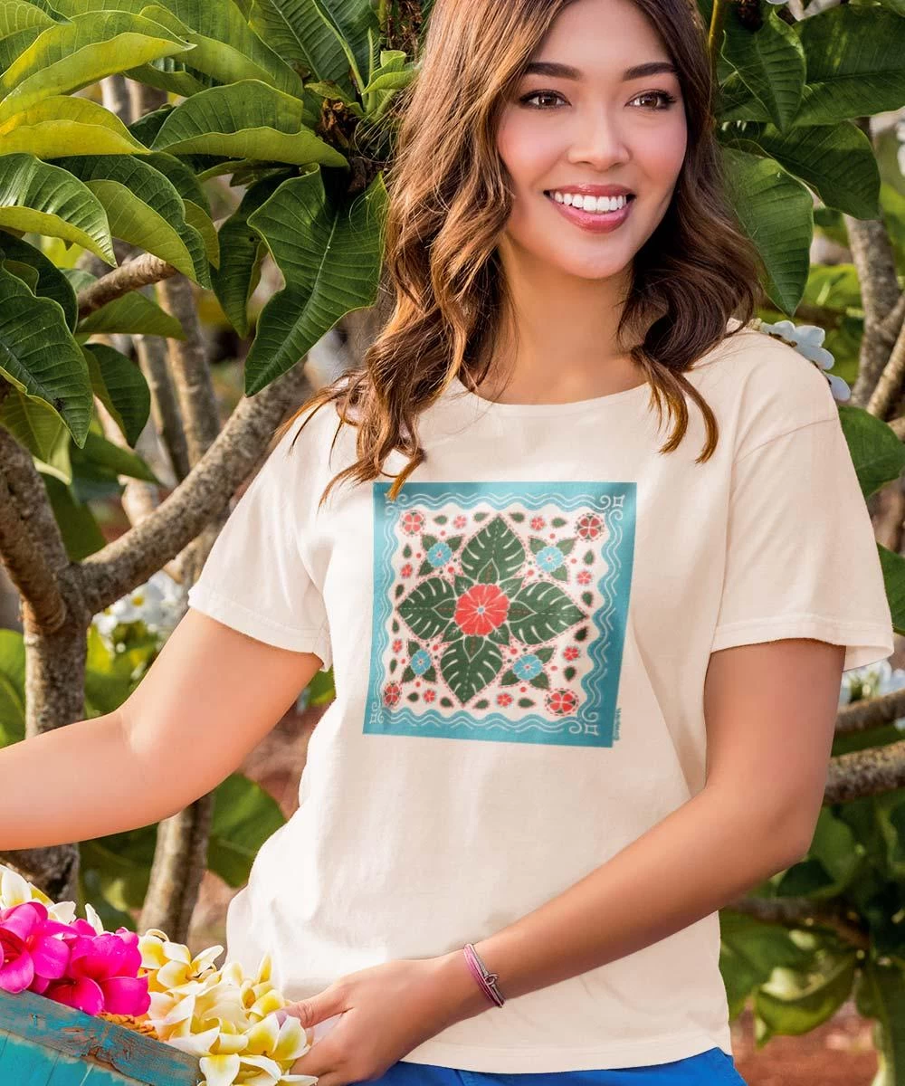 Hibiscus Wave Quilt - Coconut Dyed Short Sleeve Scoop Neck T-Shirt 3 Hibiscus Wave Quilt - Coconut Dyed Short Sleeve Scoop Neck T-Shirt