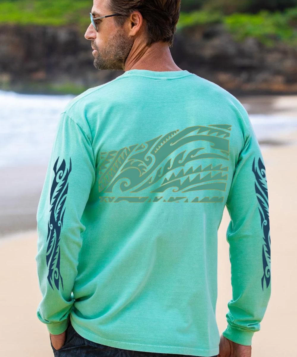 Honu Tribal Mauka - Key Lime Dyed Long Sleeve Crewneck T-Shirt 4 Honu Tribal Mauka - Key Lime Dyed Long Sleeve Crewneck T-Shirt - Image 2