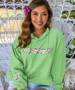 Tropical Hibiscus Lei - Key Lime Dyed Long Sleeve Lightweight Pullover
