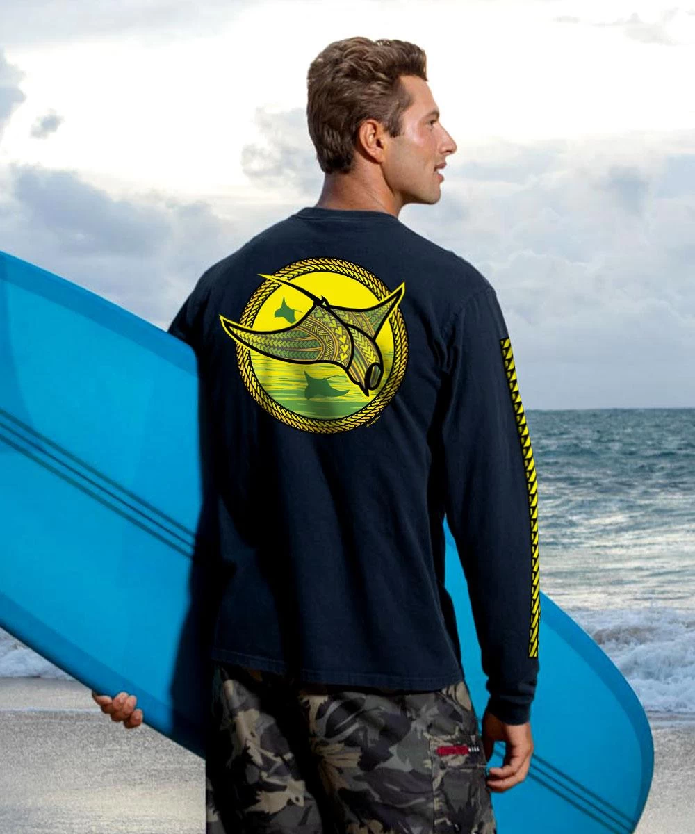 Tribal Manta Circle - Navy Long Sleeve Crewneck T-Shirt 3 Tribal Manta Circle - Navy Long Sleeve Crewneck T-Shirt